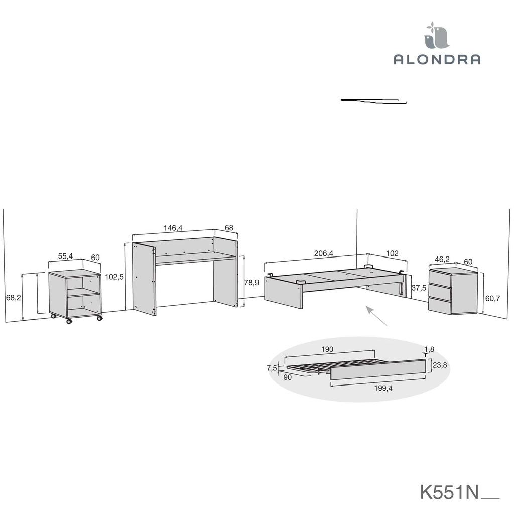 Cuna convertible 70x140 cm blanca/antracita · Sero Kubo Antracita K551-M7758