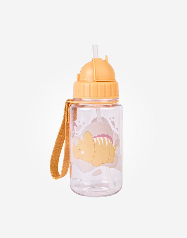 Botella con pajita y colgador mostaza