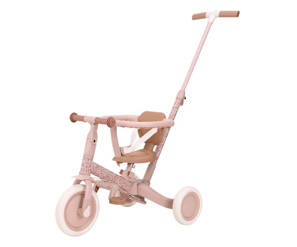 Triciclo con barra 4 en 1 rosa flores